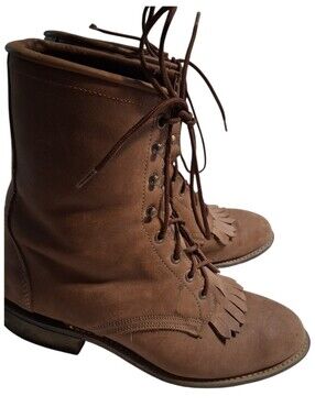 Laredo Brown Leather Lace-Up Roper Boots Western Kiltie Fringe Women's Size 9.5